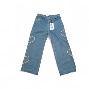 NWT - Angel Kiss Blue Wide Leg Denim Jeans with Heart Side Details - Size 11/30